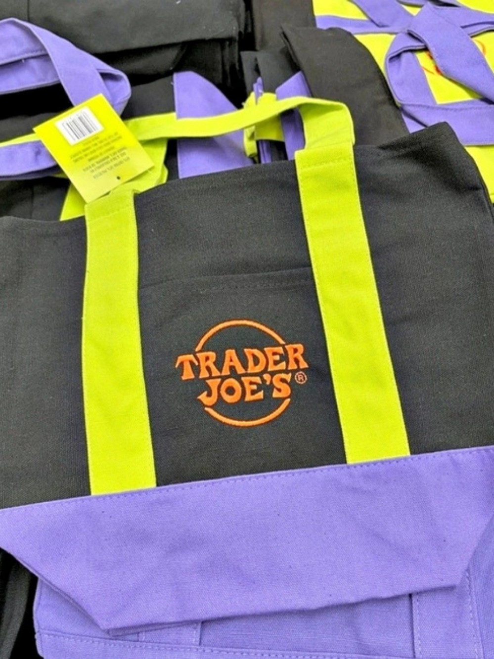 Trader Joe's Trick-or-Treat Mini Canvas Tote Bag Black, Purple, and Green NWT
